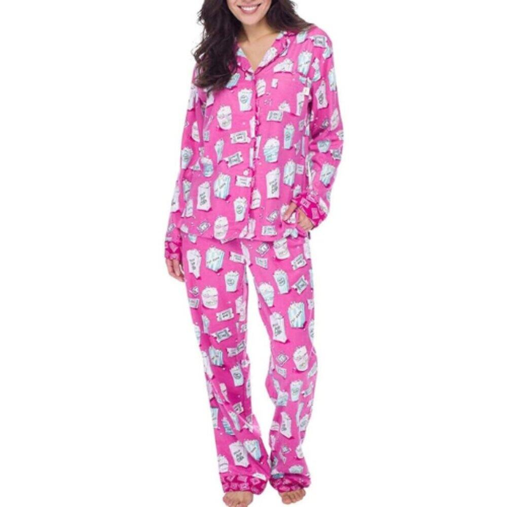 Munki Munki Women's Pink Movie Popcorn Ticket Print PJ Pajama Set XXL